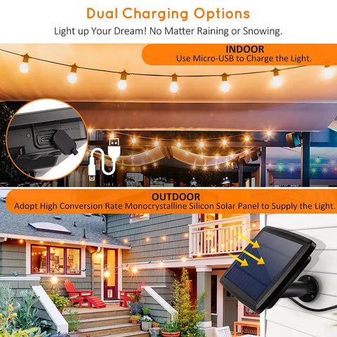 Solar Powered Outdoor String Lights Waterproof 48 Feet With 15 Shatterproof Edison S14 Bulbs Warm White Commercial Grade LED Patio Lighting For Garden Backyard Porch And Balcony Easy Setup
