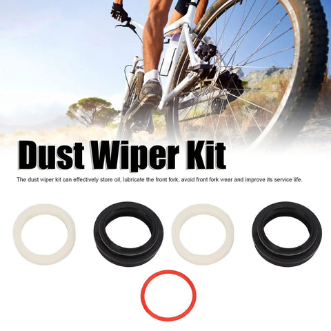 32mm Front Fork Dust Wiper Kit for Suspension Forks displayed with cyclist background, showing seals and rings for smoother bike suspension.