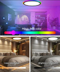 9 Inch LED Flush Mount Ceiling Light 24W 2880LM 5000K Day White Flicker Free Slim Surface Mount Black Fixture with RGB colors in living room and bedroom settings.
