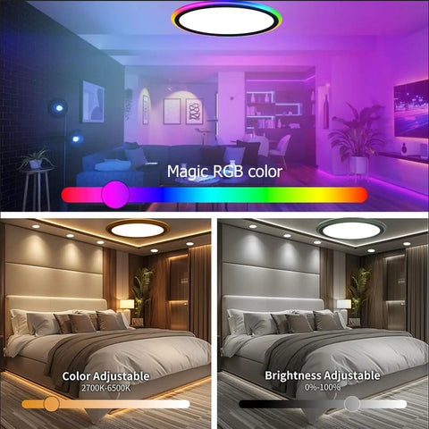 9 Inch LED Flush Mount Ceiling Light 24W 2880LM 5000K Day White Flicker Free Slim Surface Mount Black Fixture with RGB colors in living room and bedroom settings.
