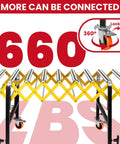 23 Inch Ultra Wide Adjustable Retractable Conveyor Belt 760 Lb Rock Solid Load Capacity Aluminum Alloy Turning Roller Smooth Operator Flex Design For No Sweat Warehouse Material Handling with yellow and black frame and 660 lb load indication.