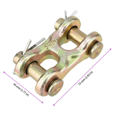 Six Pack Tough As Nails 3/8 Inch Grade 70 Double Clevis Chain Repair Links For Trailers And Trucks Zinc Plated Alloy Steel Tie Down Connectors 6600 Lbs Working Load Limit close-up of a double clevis link with measurements.