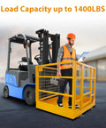 Front view: yellow 43x45 in forklift safety cage with wheels, attached to a blue forklift; worker in orange vest beside.