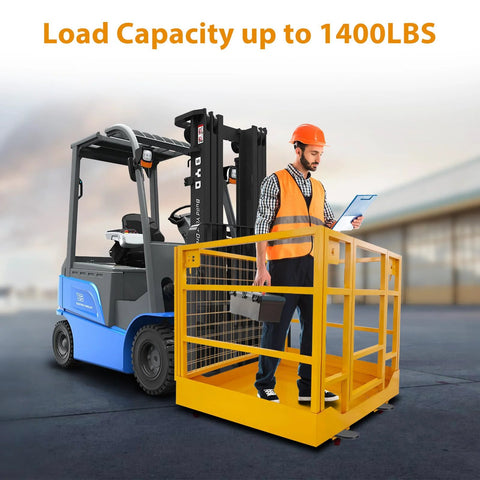 Front view: yellow 43x45 in forklift safety cage with wheels, attached to a blue forklift; worker in orange vest beside.