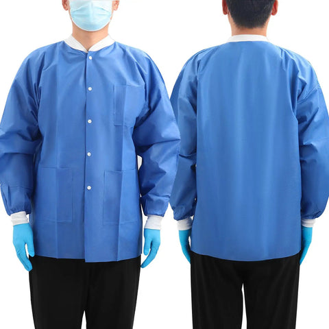 Front and back view of lab jackets from 10 Pack Disposable Lab Jackets Large For Men And Women Blue With Knit Cuffs And Collar, Three Pockets, SMS Fluid Resistant Medical Attire, Breathable And Latex Free, Waterproof And Flexible For Everyday Lab Work.