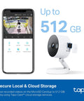 2K Plus Indoor Outdoor Wired Security Camera With Color Night Vision And Person Pet Vehicle Detection, Baby Monitor, C120 next to smartphone displaying video footage, showcasing local and cloud storage capacity up to 512 GB.