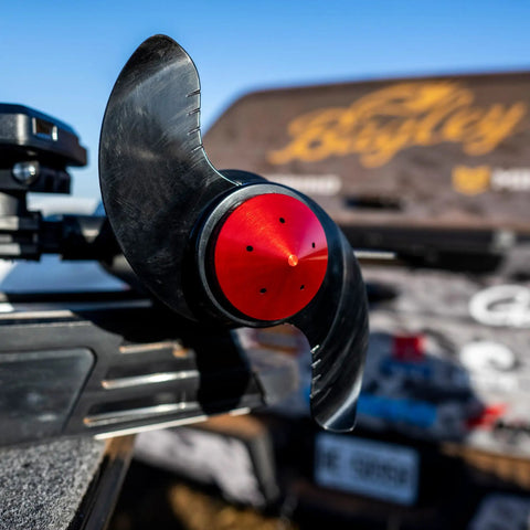 Eliminator Trolling Motor Prop Nut For Lowrance Ghost Red By TH Marine installed on motor, highlighting secure fit.