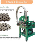 Electric Pipe Tube Bender Machine 110V 1.5KW With 17 Piece Die Set, showcasing 9 round and 8 square dies for metal forming.