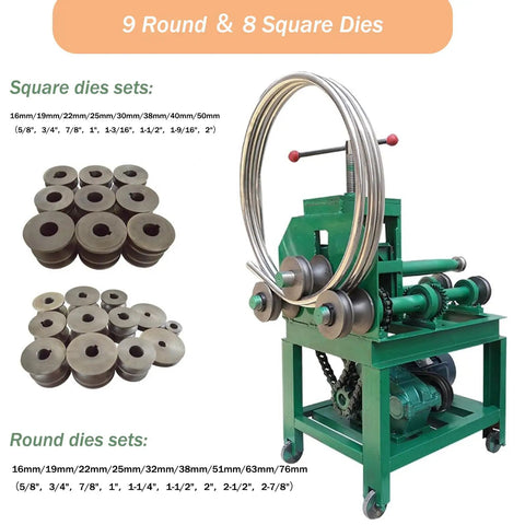 Electric Pipe Tube Bender Machine 110V 1.5KW With 17 Piece Die Set, showcasing 9 round and 8 square dies for metal forming.