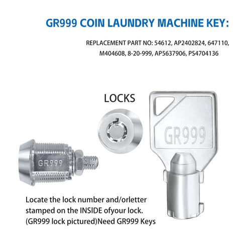 GR999 coin laundry machine key with lock cylinder, part of Universal Lock Cylinder Key Set For Commercial Washers And Dryers