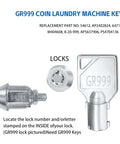 Key Set For Speed Queen Commercial Washers And Dryers, GR777 GR800 GR888 GR100 GR999 Compatible Laundry Machine Keys, image showing GR999 key and lock cylinder.