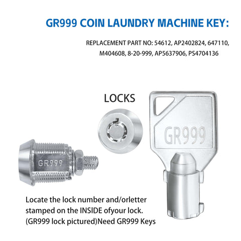 Key Set For Speed Queen Commercial Washers And Dryers, GR777 GR800 GR888 GR100 GR999 Compatible Laundry Machine Keys, image showing GR999 key and lock cylinder.