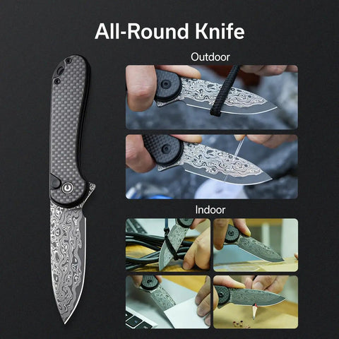 Elementum II Folding Pocket Knife With 2.96 Inch Damascus Blade And Carbon Fiber Handle, Slick Flipper Action With Ceramic Ball Bearing Pivot, Button Lock, Everyday Carry Ready For Daily Tasks shown open and in use