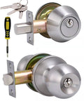 All Keyed Alike Entry Door Knob and Single Cylinder Deadbolt Combo Set With Satin Nickel Finish showing keys and screwdriver