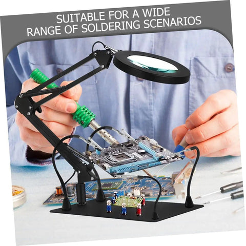 Five Piece Third Hand Soldering Tool Set With Flexible Gooseneck Arm And Rotating Alligator Clips For PCB Repair in use