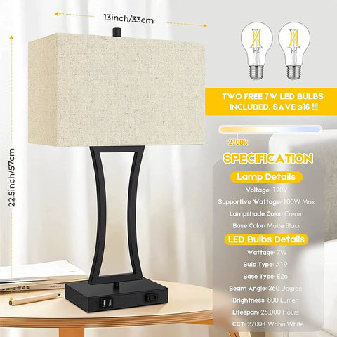 Set of 2 Touch Control Table Lamps With 3 Way Dimmable Lighting USB Ports for Quick Charging Cream Fabric Shade Nightstand Lamps