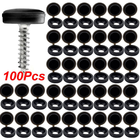 Multi-Function Hinged Screw Cover Caps Set For Self-Tapping Screws, Decorative Black Caps, 100 Piece Pack, ABS Plastic