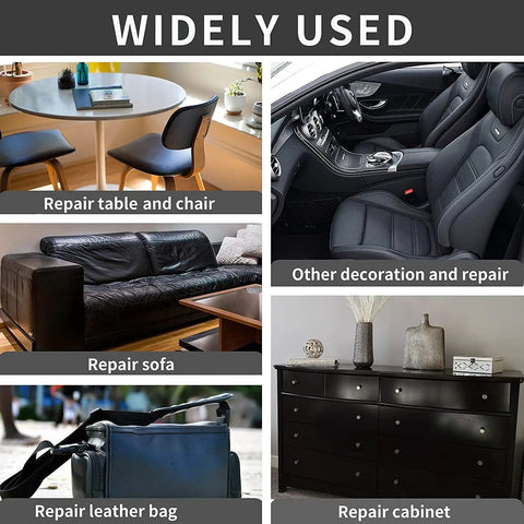 Image showing the versatile use of Ultra Large Self Adhesive Leather Repair Patch 17X79 Inch for furniture, car seats, and bags.