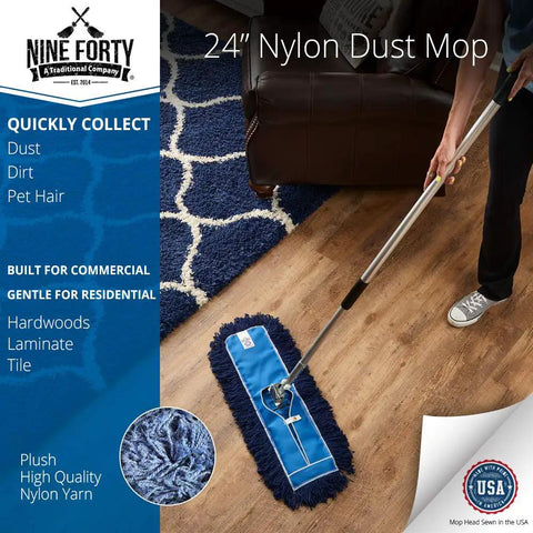 Badass Heavy Duty 24 Inch Nylon Dust Mop Head For Hardwood Floors Machine Washable Commercial Sweeper on wooden floor.