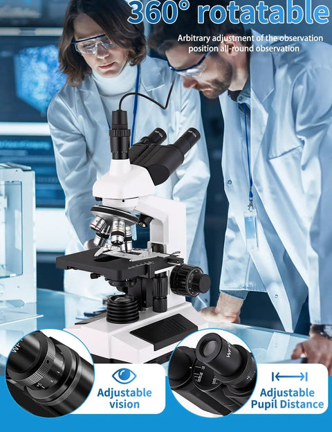 Scientists using All In One Binocular Compound Microscope Kit For Kids And Grownups with 360° rotatable feature in a lab setting.