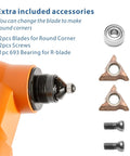 Orange pneumatic 2-in-1 mini air chamfer tool, side view with interchangeable round-corner blades and screws