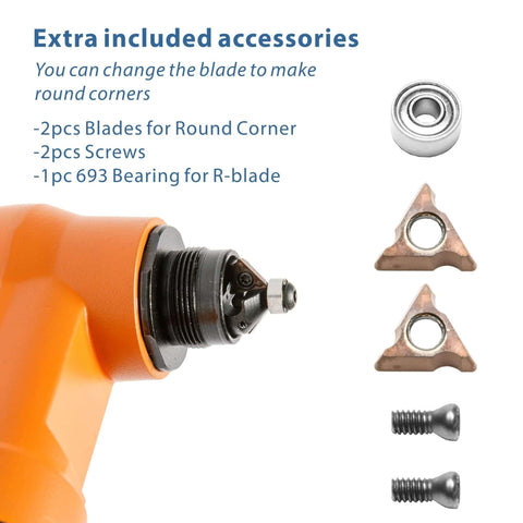 Orange pneumatic 2-in-1 mini air chamfer tool, side view with interchangeable round-corner blades and screws