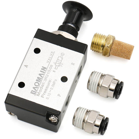 3 Way 2 Position Pneumatic Hand Valve With Handy Manual Control, One Quarter Inch PT Port, Normally Closed, 3 Port Valve, Cv 0.89 shown