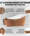 Premium Genuine Leather Weightlifting Belt 6 Inch Wide with self-locking buckle and padding for comfort during workouts.