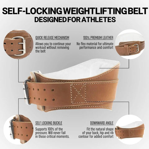 Premium Genuine Leather Weightlifting Belt 6 Inch Wide with self-locking buckle and padding for comfort during workouts.