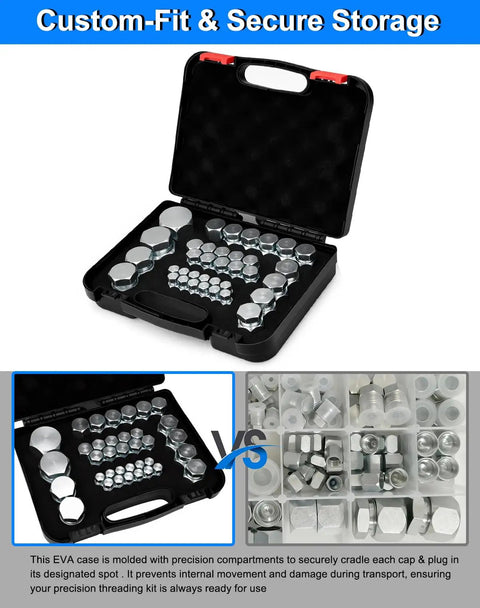 JIC Plug And Cap Kit 72Pcs 37 Degree Flare Fittings Set For Hydraulic Hose And Pipe End Protection in storage case