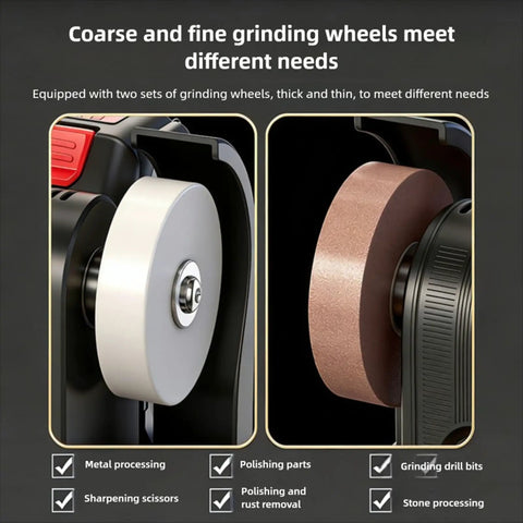 Asixxsix Mini Bench Grinder With Two Wheels And Stepless Speed Control close-up of coarse and fine grinding wheels for precise tool sharpening and polishing.