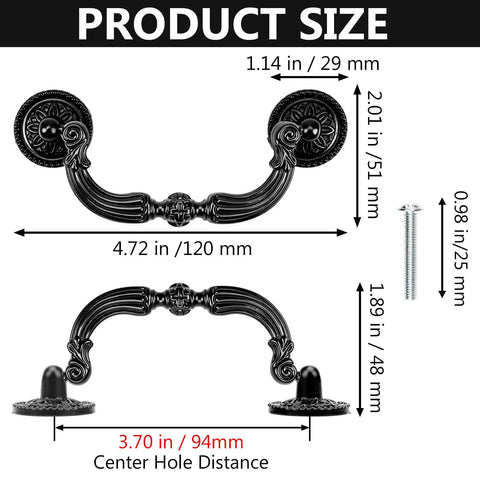 Four Pack Retro Drop Bail Drawer Pulls With Screws Black Finish Large Size L Rustic Swing Handles product size diagram.