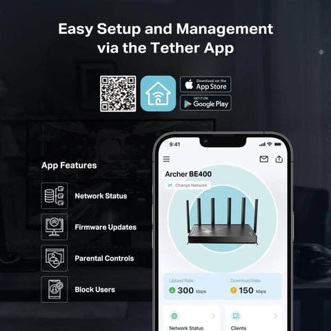 Smartphone displaying app interface for WiFi 7 Router With Beefy Dual 2.5Gbps Ports And USB 3.0 For Big Homes Up To 2400 Sq Ft Supports 90 Devices