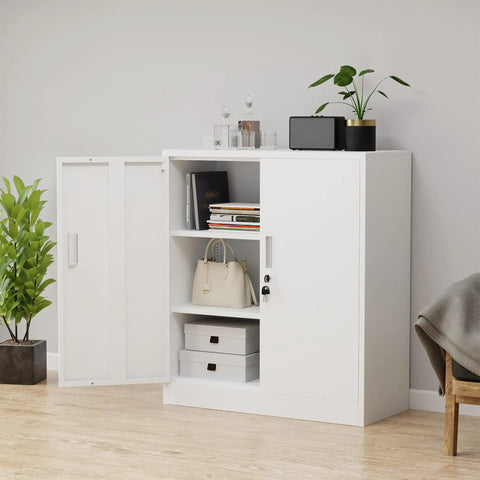 Locking Metal Storage Cabinet With Adjustable Shelves For Home Office And Garage Black Compact Lockable Cabinet With Doors And Door Catch For Secure Storage Heavy Duty Build No Fuss in an office setting