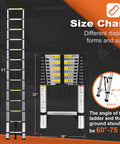 Infographic showing 10.5 Ft Telescoping Aluminum Ladder With Dual Triangle Stabilizers, expanded and collapsed views, with angle guide.