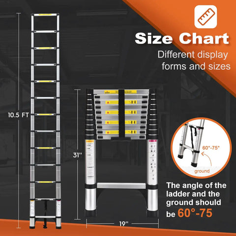 Infographic showing 10.5 Ft Telescoping Aluminum Ladder With Dual Triangle Stabilizers, expanded and collapsed views, with angle guide.
