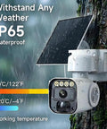 4G LTE Solar Security Camera Wireless Outdoor With Built In SIM Card IP65 Rated mounted on a tree, showing solar panel and rain.