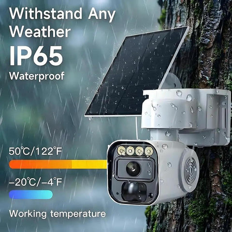 4G LTE Solar Security Camera Wireless Outdoor With Built In SIM Card IP65 Rated mounted on a tree, showing solar panel and rain.