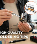 Pro Grade 100W Digital Soldering Iron Kit with precision tip in use, showing soldering tips detail and electronic assembly