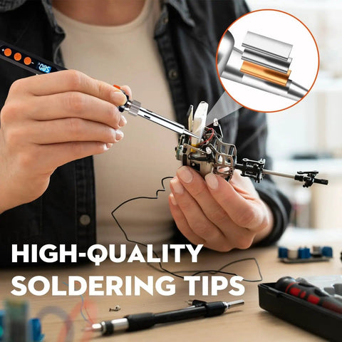Pro Grade 100W Digital Soldering Iron Kit with precision tip in use, showing soldering tips detail and electronic assembly