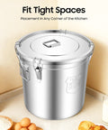 Built Like A Tank 304 Stainless Steel Airtight Canister For Kitchen Storage and Heavy Duty Lock Top Food Bin in kitchen corner.