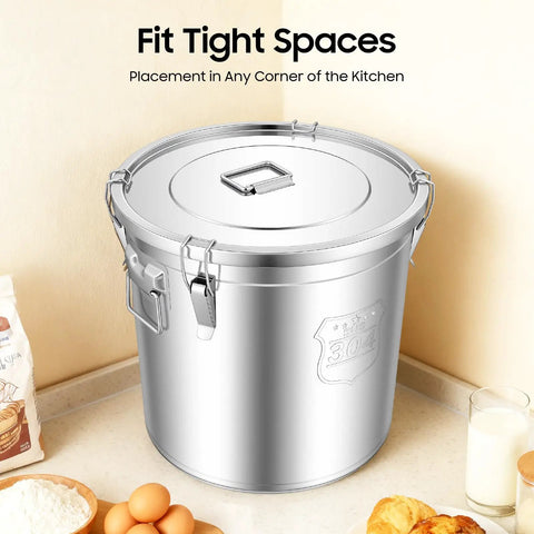 Built Like A Tank 304 Stainless Steel Airtight Canister For Kitchen Storage and Heavy Duty Lock Top Food Bin in kitchen corner.