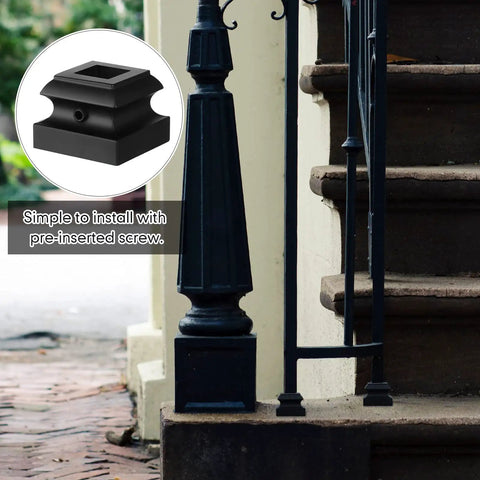Close-up of Iron Baluster Shoes for One Half Inch Square Stair Rails No Fuss Install Satin Black 48 Piece Set with Screw On Design.