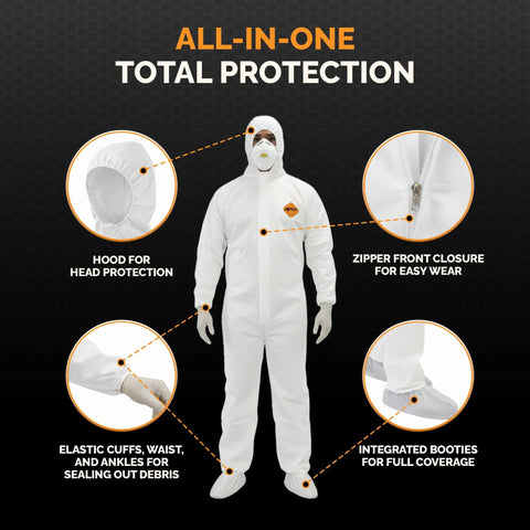 Heavy Duty White Disposable Coveralls For Industrial Work Delivers Tough As Nails Antistatic Defense With Tear Puncture Resistant Fabric shown with hood, zipper closure, and booties for full protection.