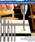 Hand using 14 Piece Screw Extractor Set For Stripped Screws And Broken Bolts HSS Left Handed Drill Bits And Damaged Nut Removal Kit