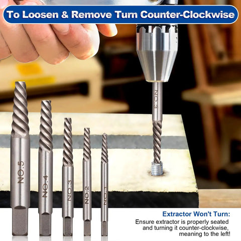 Hand using 14 Piece Screw Extractor Set For Stripped Screws And Broken Bolts HSS Left Handed Drill Bits And Damaged Nut Removal Kit