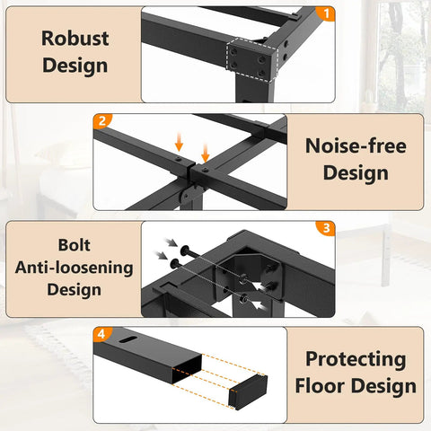 Detailed view of VINGLI 12 Inch Full Size Bed Frame Heavy Duty Metal Platform showcasing robust, noise-free, and floor protection designs.
