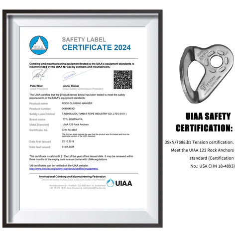UIAA safety certificate for Heavy Duty Stainless Steel Climbing Bolt Hangers, 2024 certification of climbing gear.