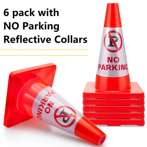 Six Pack 18 Inch No Parking Reflective Traffic Cones With 360 Reflective Collars, PVC Orange Safety Cones For Parking Lots, Driveways, Roadside Worksites, High Visibility, Durable Outdoor Use