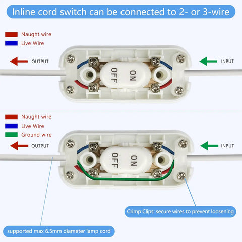 Three Pack Inline Cord Switches For Lamps And LED Lighting 250V 6A white inline lamp switches with wiring diagram